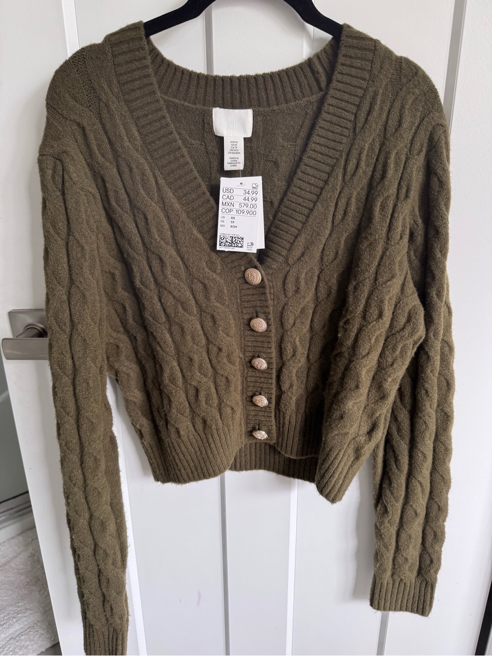H&M Olive Cable-Knit Button-Front Women's Cardigan in XS NWT